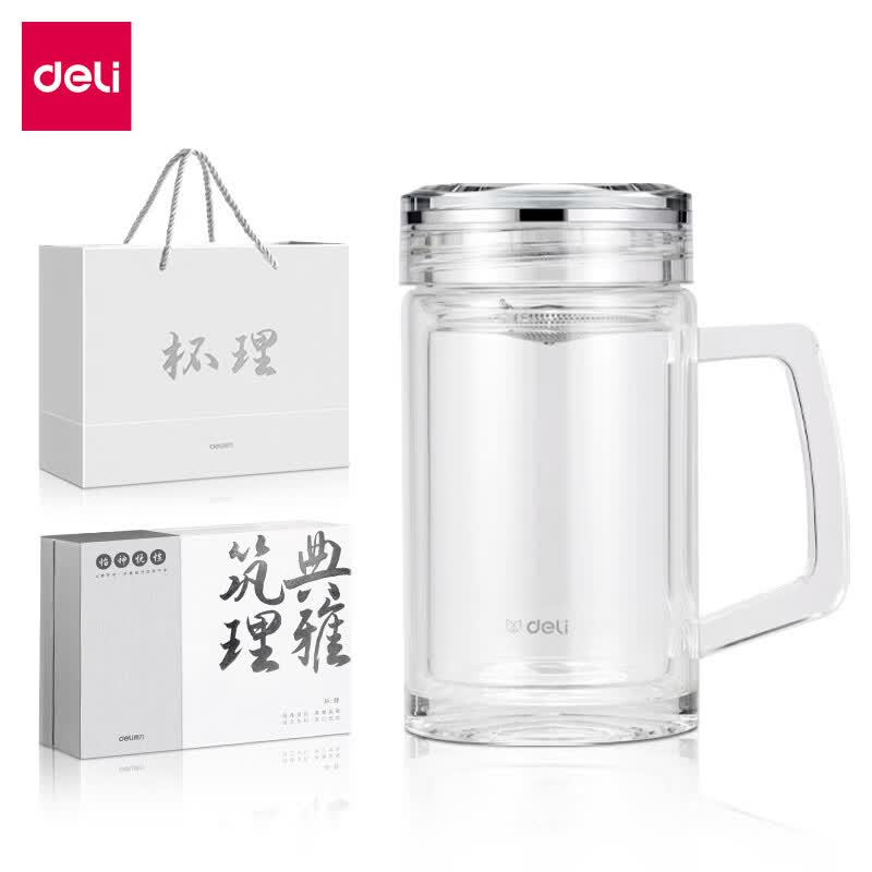 (628)得力LL507双层玻璃杯(420mL)(商务礼盒)(透明)(个)