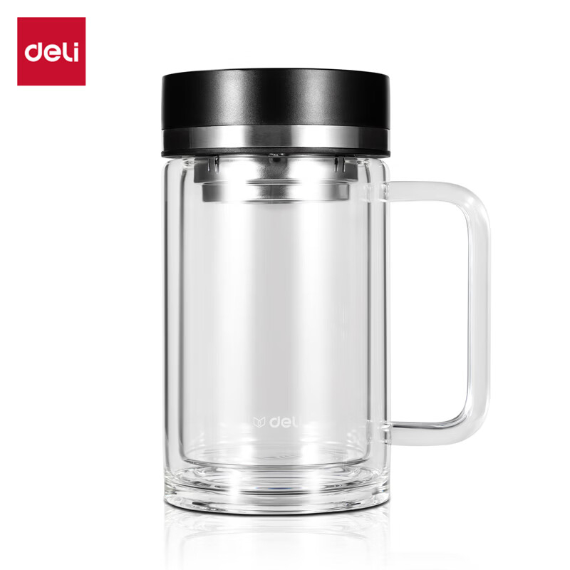 (643)得力LL509双层玻璃杯430mL(黑色)(把手杯)(个)