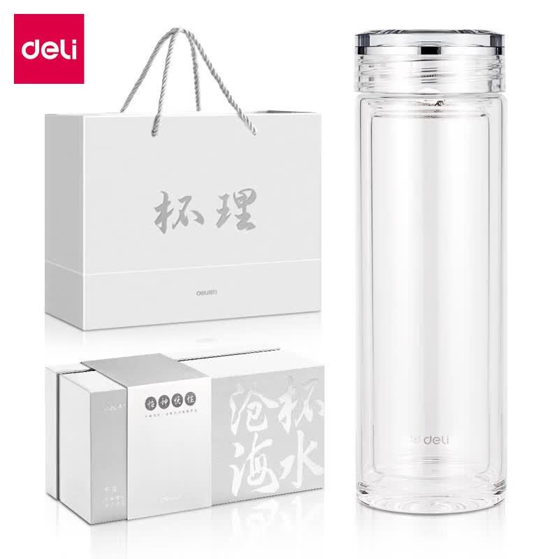 (627)得力LL506双层玻璃杯(410mL)(商务礼盒)(透明)(个)
